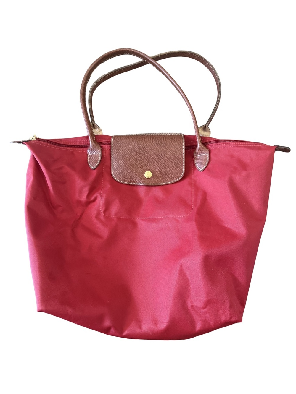 Longchamp Red Tote with Brown Leather Trim